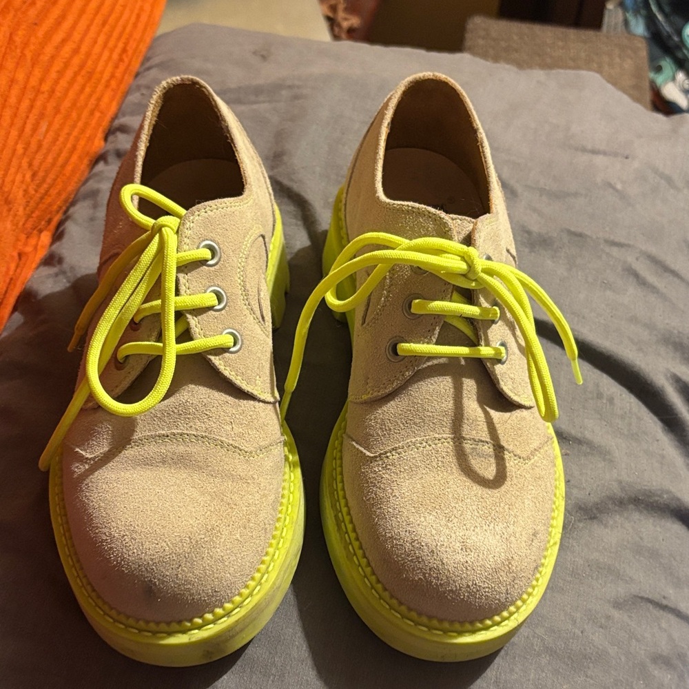 John Fluevog Beige Suede Shoes with Yellow Accents